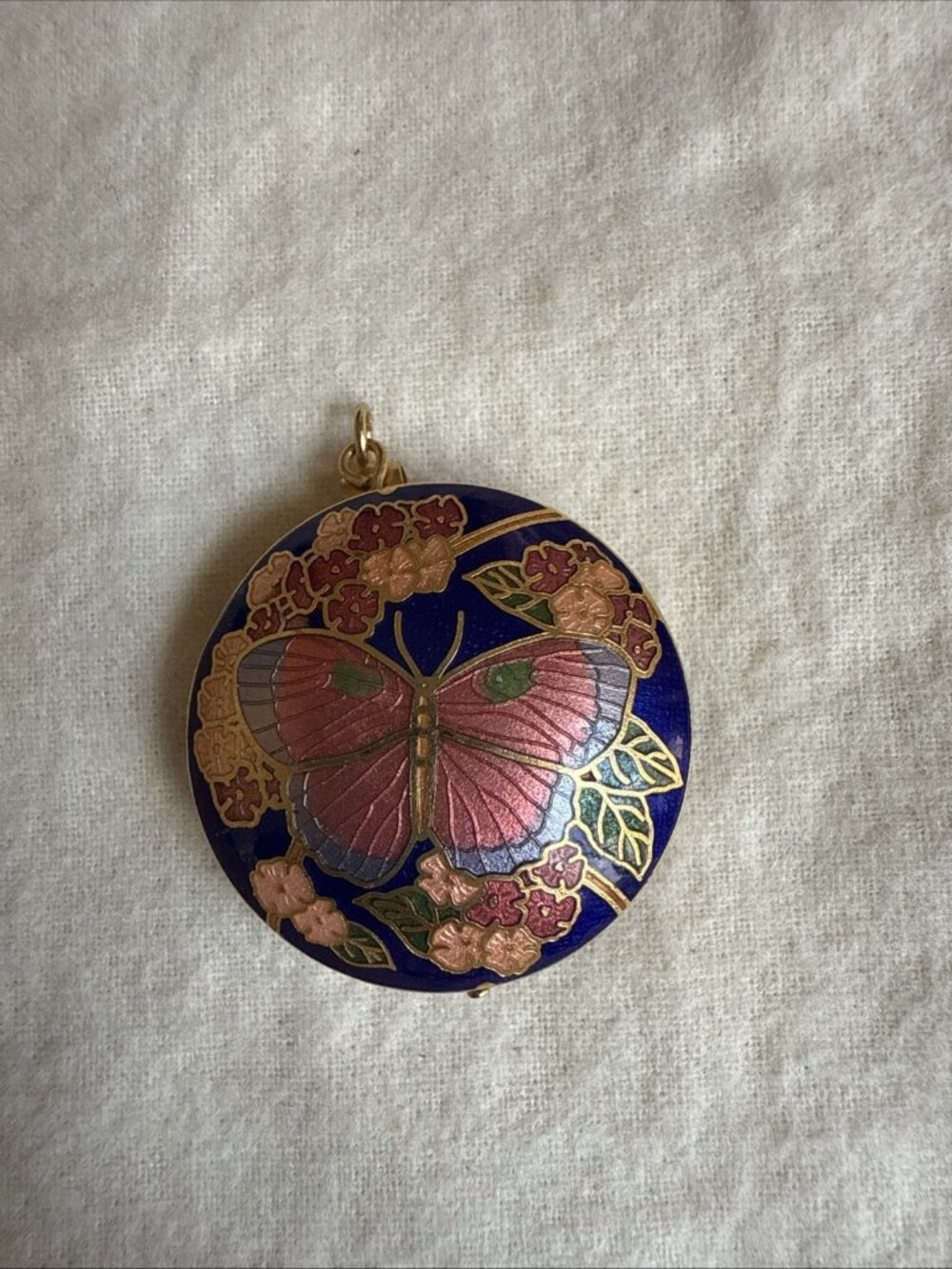Vintage Cloisonné Puffy Butterfly & Flower Double Sided Enamel Goldtone Pendant
